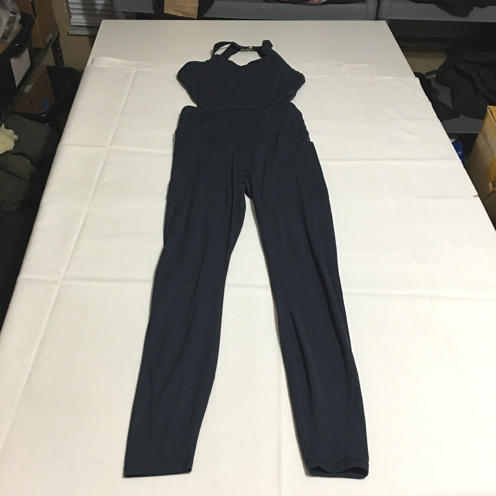 Halara Jumpsuit Women Small Long Navy Blue Halter Cutout Side Pockets